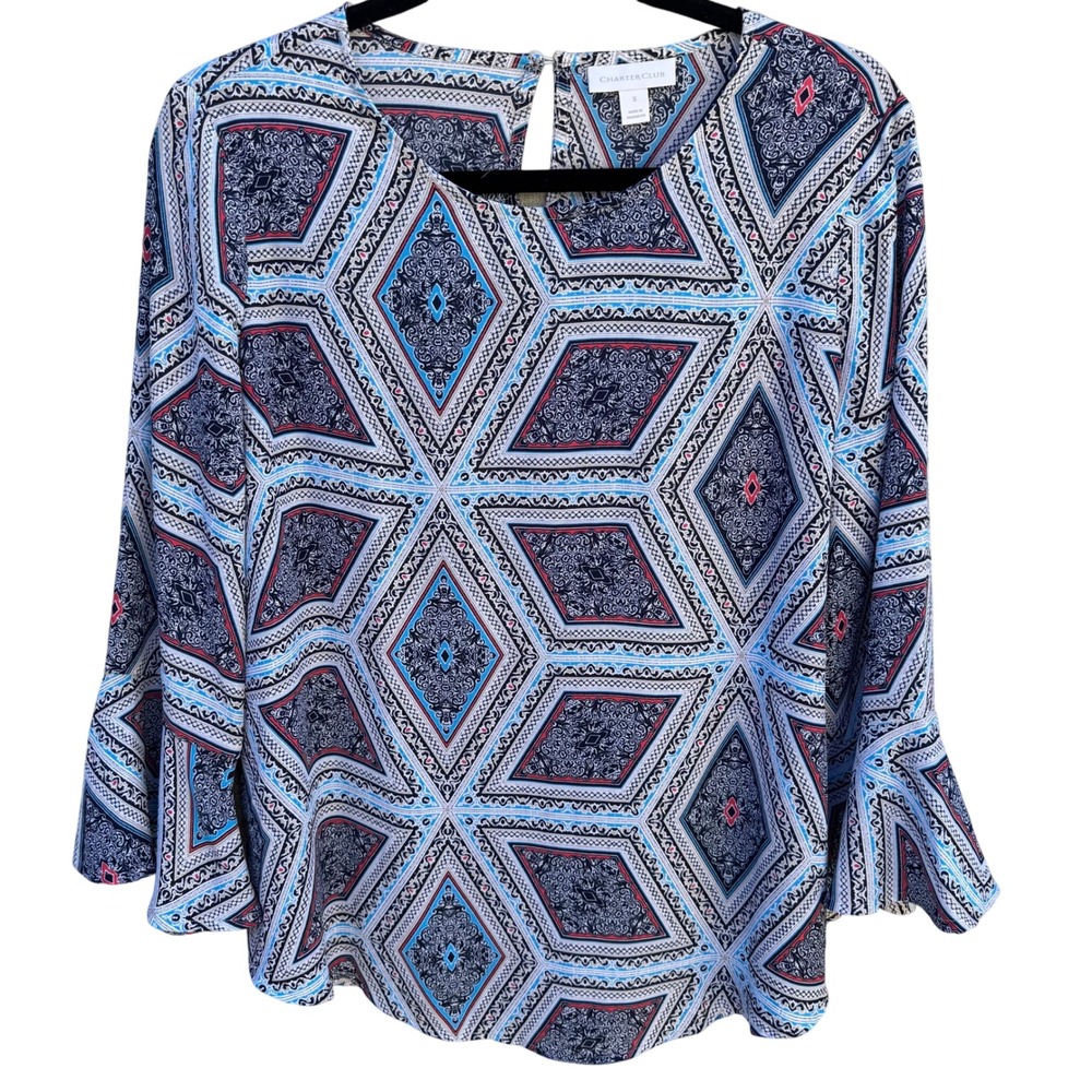 Charter Club Boho Boat Neck‎ Blue Geometric Diamond Bell Sleeve Blouse Womens S